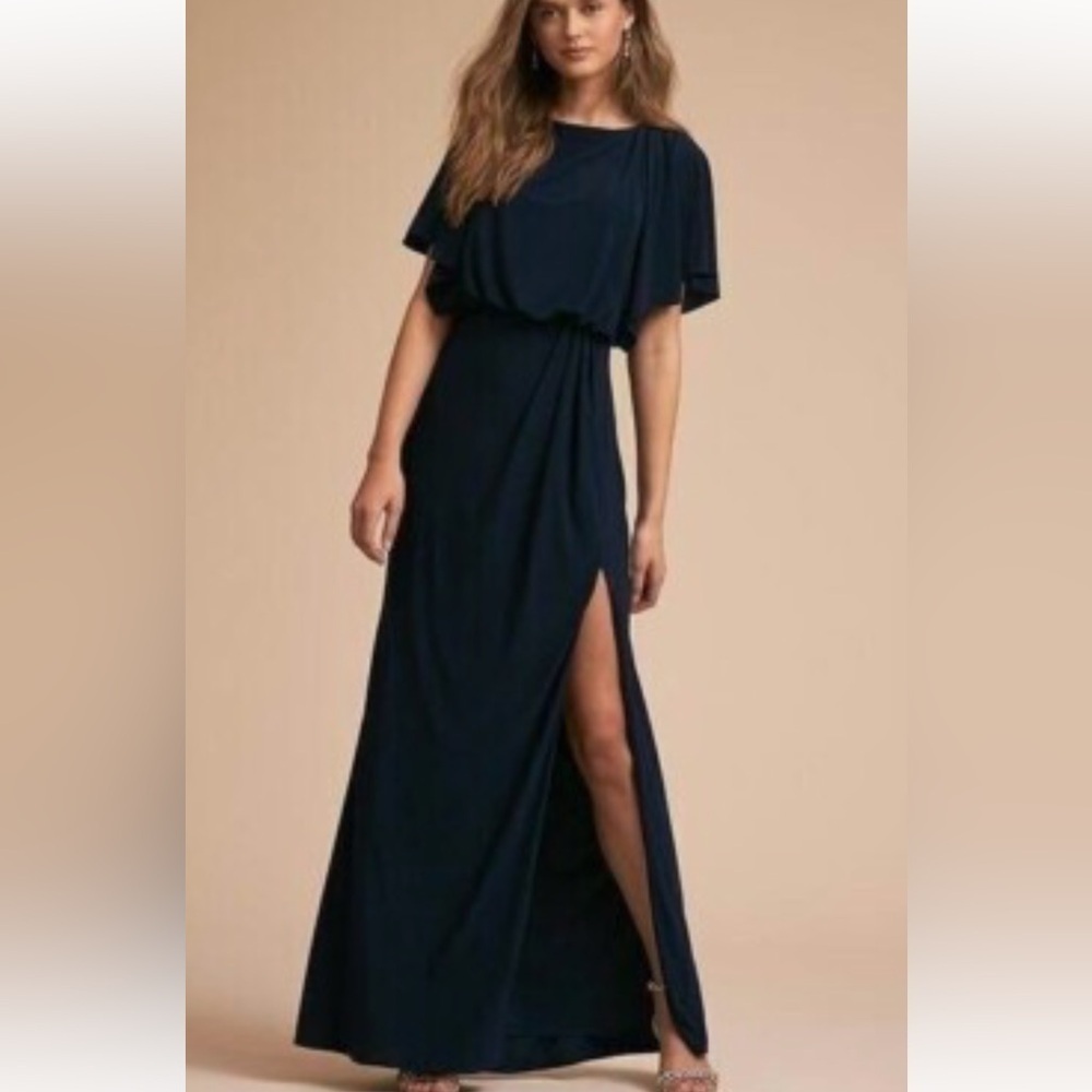 BHLDN Lena in Navy Flutter Sleeve Jersey Slit Front Maxi Dress Gown 8